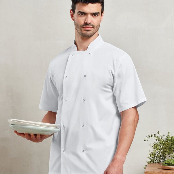 Studded front short sleeve chef's jacket Thumbnail